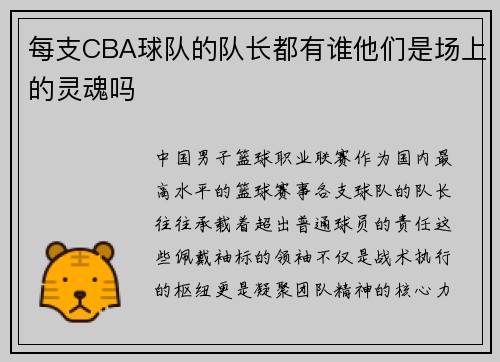 每支CBA球队的队长都有谁他们是场上的灵魂吗