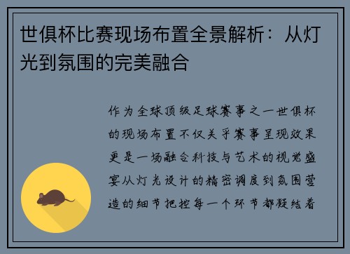 世俱杯比赛现场布置全景解析：从灯光到氛围的完美融合